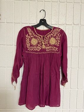 Embroidered Magenta Peasant Tunic with Cream Stitching